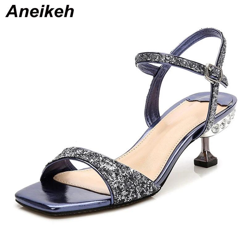 

Aneikeh Fashion Bling Sequined Cloth High Heels Sandals Women Square Head Open Ankle Strap Sandals Summer Party Nightclub Shoes