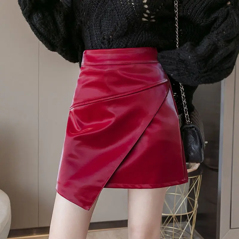 red women skirt RealShe мини-юбка кожаная Высокая талия однотонная женская юбка мини Лето Осень элегантная повседневная короткая Jupe Femme - Цвет: red women skirt