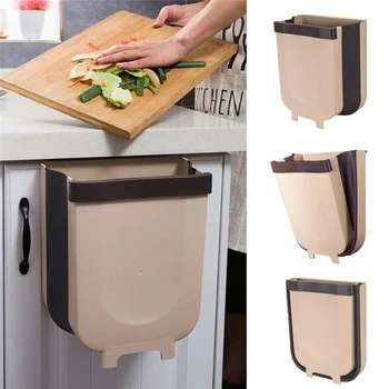 

Folding Trash Bin Kitchen Cabinet Door Wall Mounted Trash Can Bathroom Toilet Hanging Waste Storage Poubelle Cleaning Tool E5