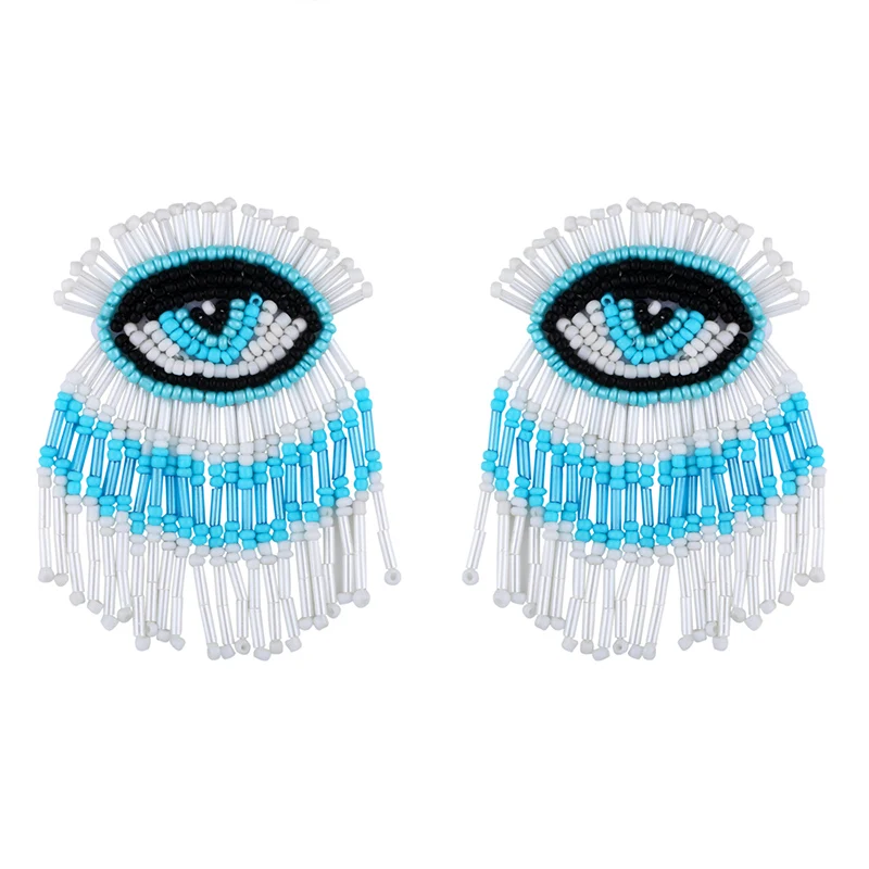 Evil Eye нанизанные бисером серьги для женщин ручной работы длинные серьги с кисточками Boho Длинные висячие серьги этнические массивные ювелирные изделия ers-q90 - Окраска металла: white  sky blue