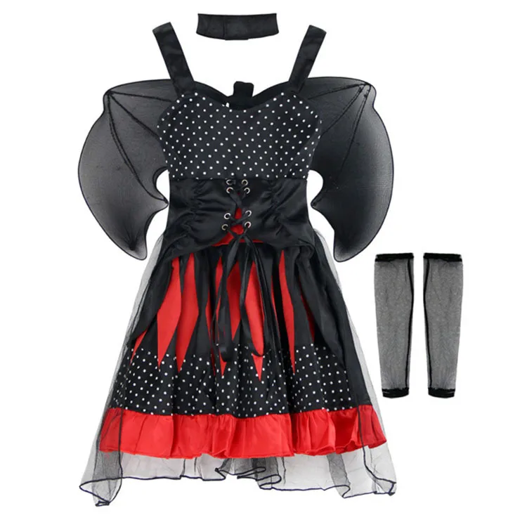 dress with wing Хэллоуин Девушки Черный готический Ночной летучая мышь Косплей-костюмы королевы ведьма колдунья Макияж Платье с крыльями - Цвет: dress with wing