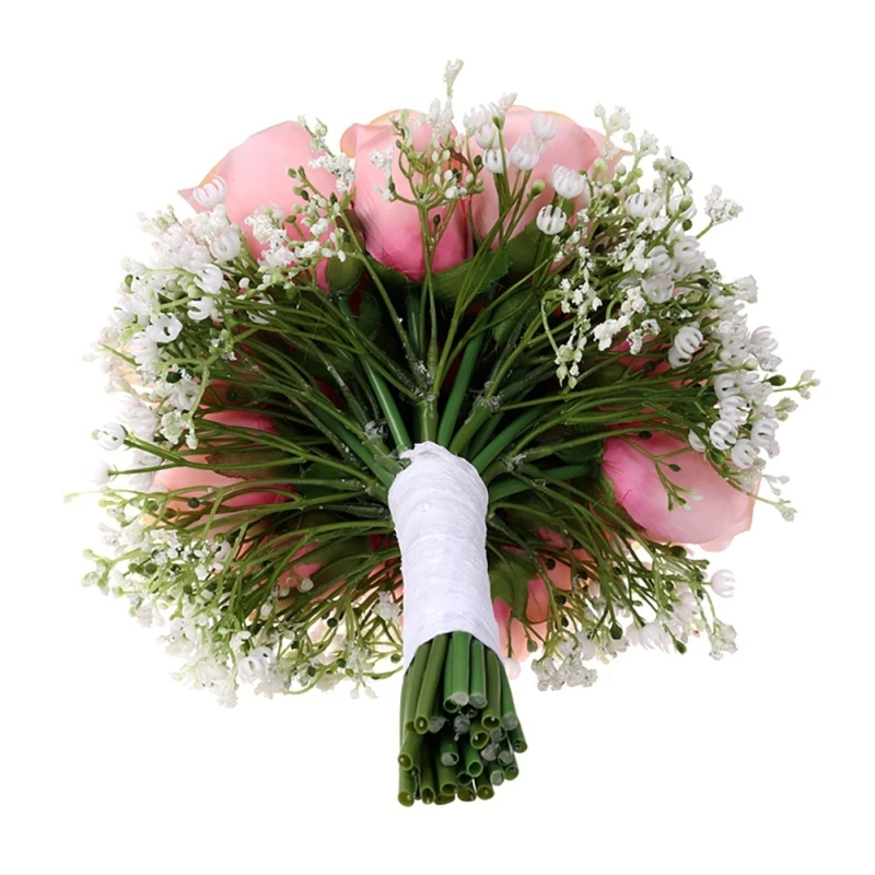 Handmade 18PCS Artificial Babysbreath Rose Bridal Wedding Bouquet With White Ribbon Real Touch For Wedding Home Party DIY Decor