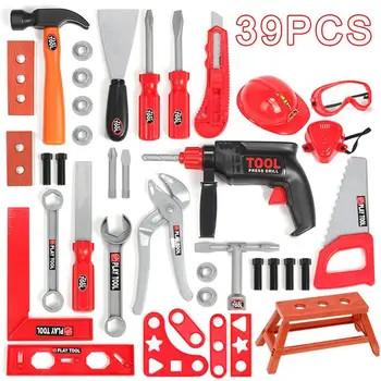 

39pcs/set Repair Tool Toy Simulation Electric Drill Screwdriver Wrench Helmet Toolbox Set Little Engineer Roll Play Toy Gift