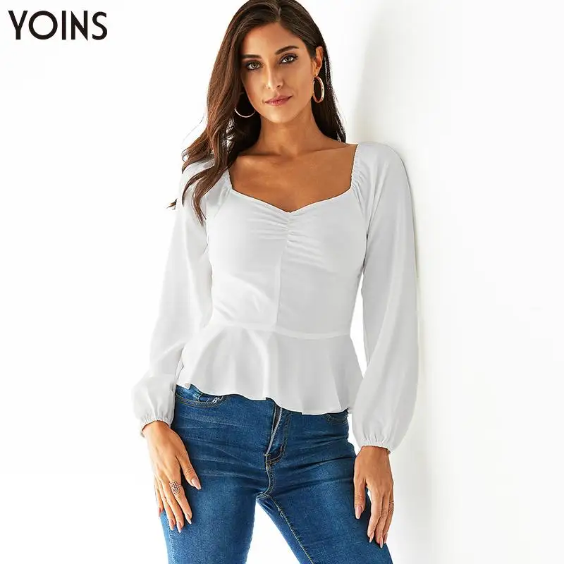 

YOINS 2020 Spring Autumn Winter Blouses And Shirts White Ruched Pleated Square Neck Ruffle Hem Elastic Sleeve Blouse Casual Work