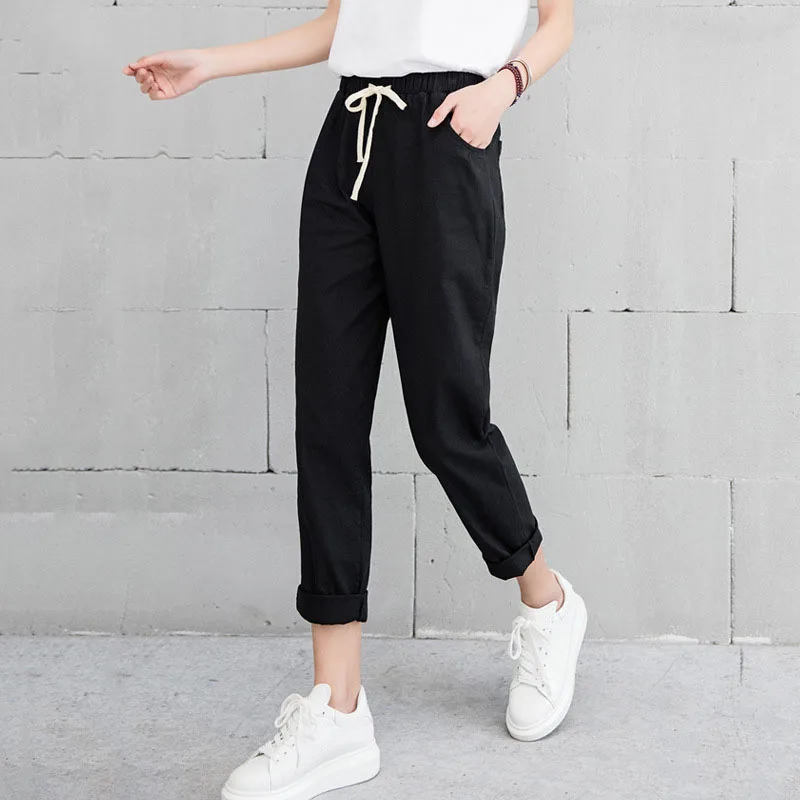 Summer Harem Pants Women Cotton Linen Pants Spring Casual Ankle Length Soft Straight Trousers Office Womens Pants Capris Black women's clothing Pants & Capris