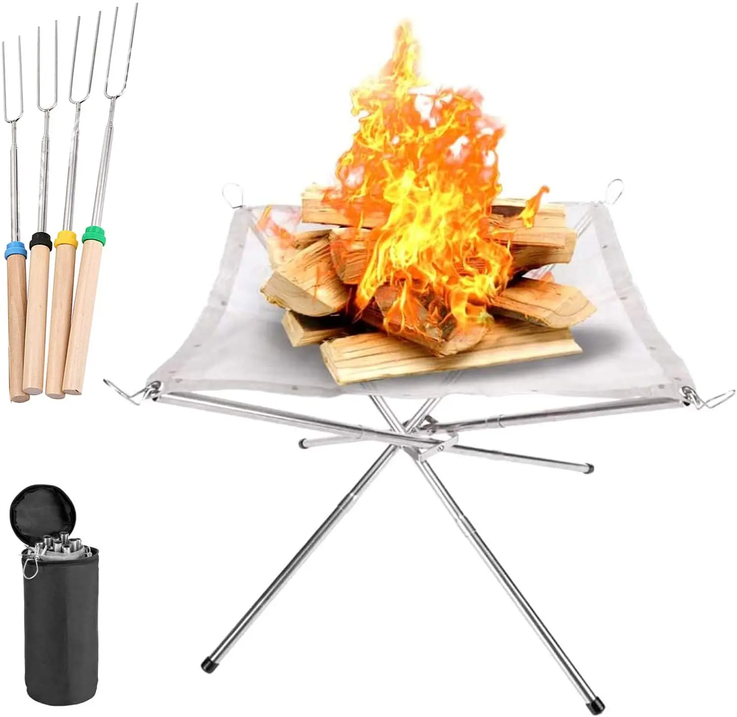 

Portable Camping Fire Pit with 4 Wooden Handle BBQ forks Foldable Outdoor Camping Steel Mesh Fire Pit Fireplace for Patio Garden