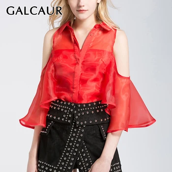 

GALCAUR Perspective Mesh Woman's Shirt Lapel Collar Butterfly Sleeve Off Shoulder Large Size Blouse Female Summer Fashion 2020
