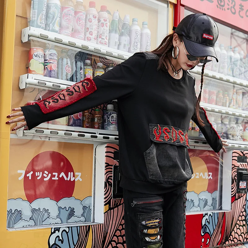 Vefadisa Pocket Patchwork Sweatshirt Woman Autumn O-Neck Pullovers Sweatshirt Black Long Sleeve Loose QYF1470