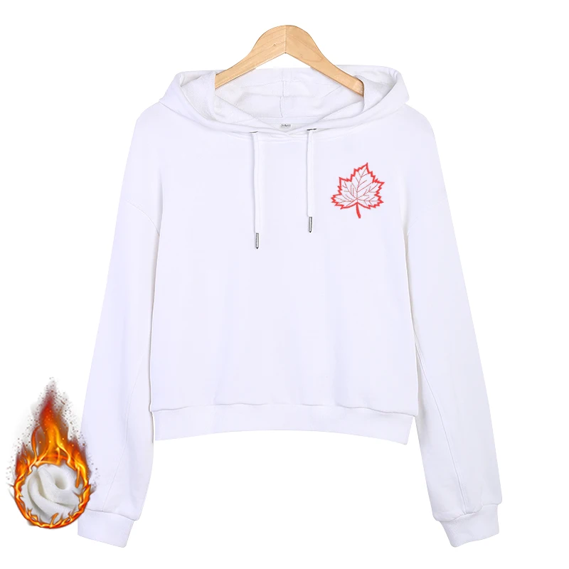 Women's Short Shirt Winter Casual White Long Sleeve Hoodie Sweatshirt Maple Leaf Embroidery Pullover | Женская одежда