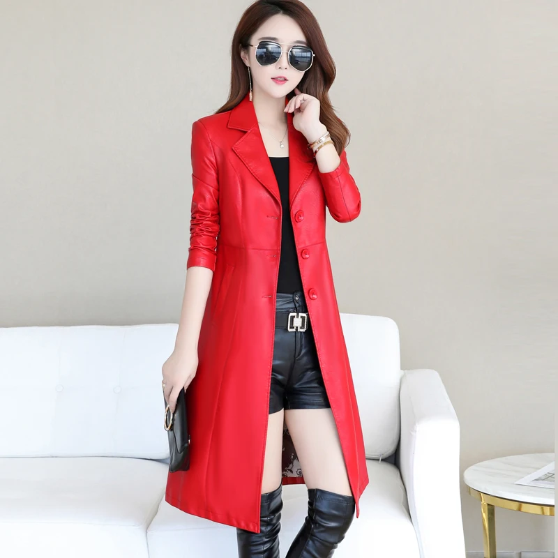 Red Plus Cotton Модная Длинная женская куртка из искусственной кожи на зиму и осень размера плюс 5XL, элегантный тонкий плащ из искусственной кожи, женская верхняя одежда - Цвет: Red Plus Cotton