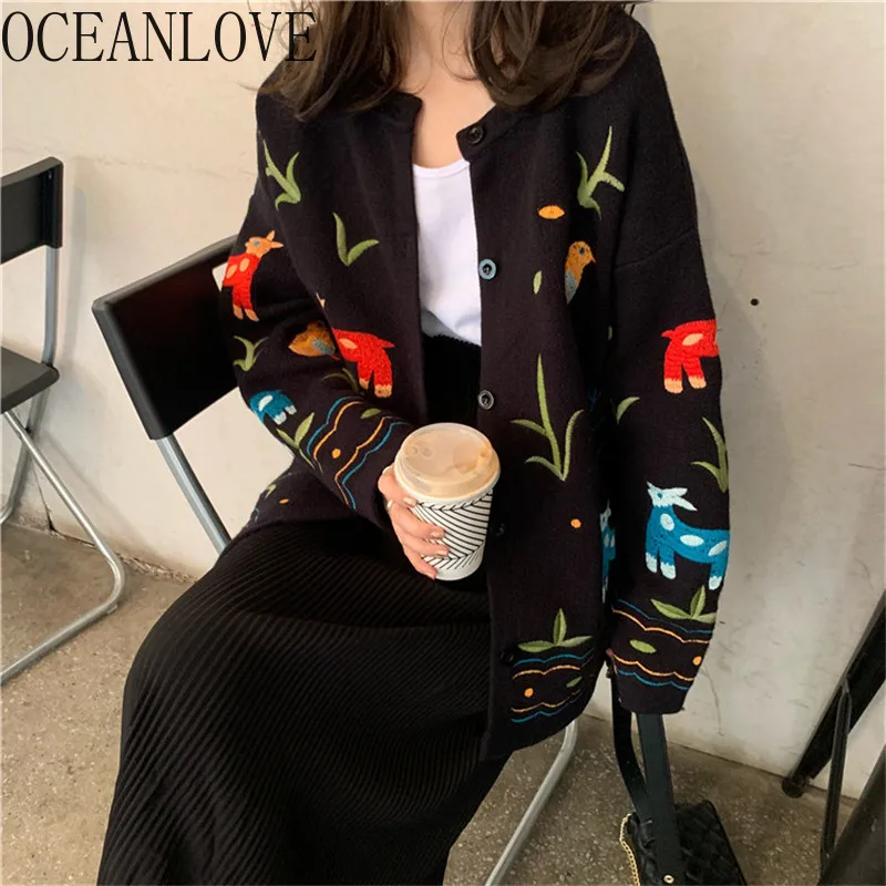 OCEANLOVE Cardigans Pritn Floral Vintage Single Breasted Women Sweaters Autumn Winter Embroidery Sueter Mujer 12900