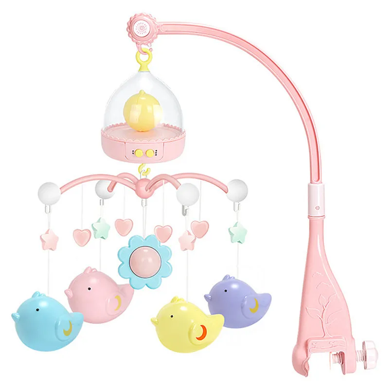 Детские игрушки от 0 до 12 месяцев, музыкальная вращающаяся кровать, колокольчик, мягкое освещение, 120 Колыбельная игрушка для новорожденных, игрушка в виде птицы, подвесные погремушки, съемные - Цвет: Розовый