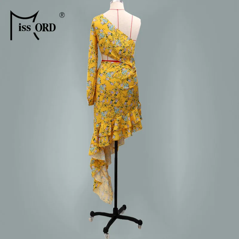 Missord Women Floral Print Dresses Sexy One Shoulder Irregular Ruffles Bodycon Maxi Party Dress MQ349