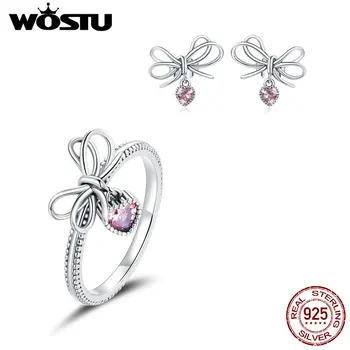 

WOSTU Genuine 925 Sterling Silver Bowknot Jewelry Set Pink Heart Rings & Zircon Stud Earrings Bow Gift Wedding Jewelry S216