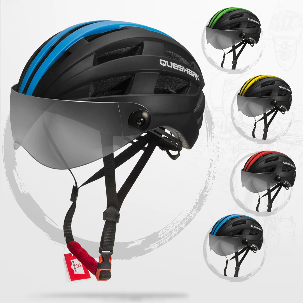 QUESHARK Men Women Ultralight Cycling Helmet MTB Road Bike Bicycle Motorcycle Riding Removable Transparent Grey Lens QE116