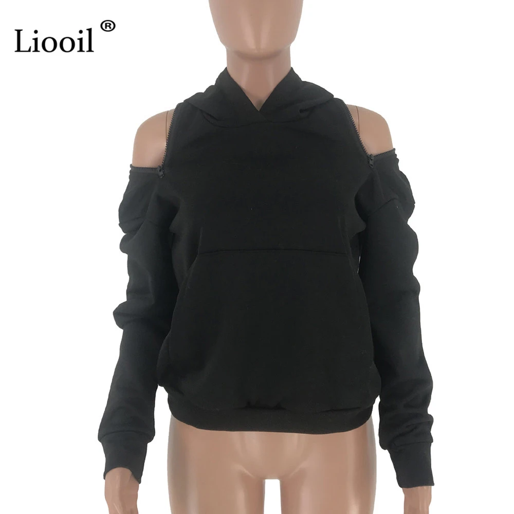 Liooil, сексуальный черный, белый пуловер с капюшоном, женская одежда,, Осень-зима, длинный рукав, карманы, на молнии, Женская толстовка