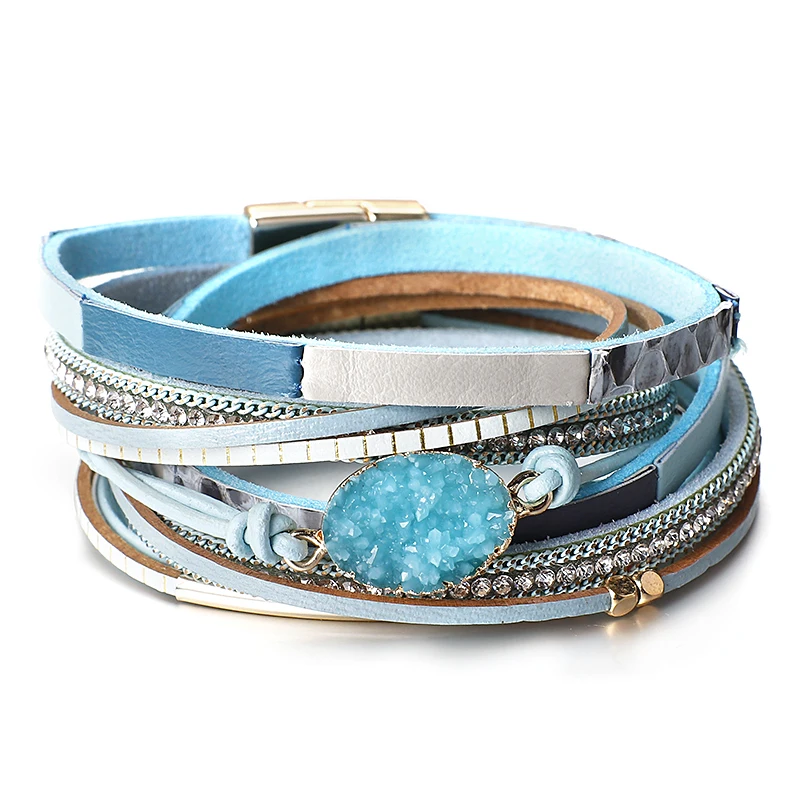 Leather Braided Bracelet Leather Bracelet Charm Bracelet Multilayer Genuine Leather Bracelets for Women Men Fashion Boho Resin Charm Rhinestone Chain Wrap Bracelet Femme Jewelry