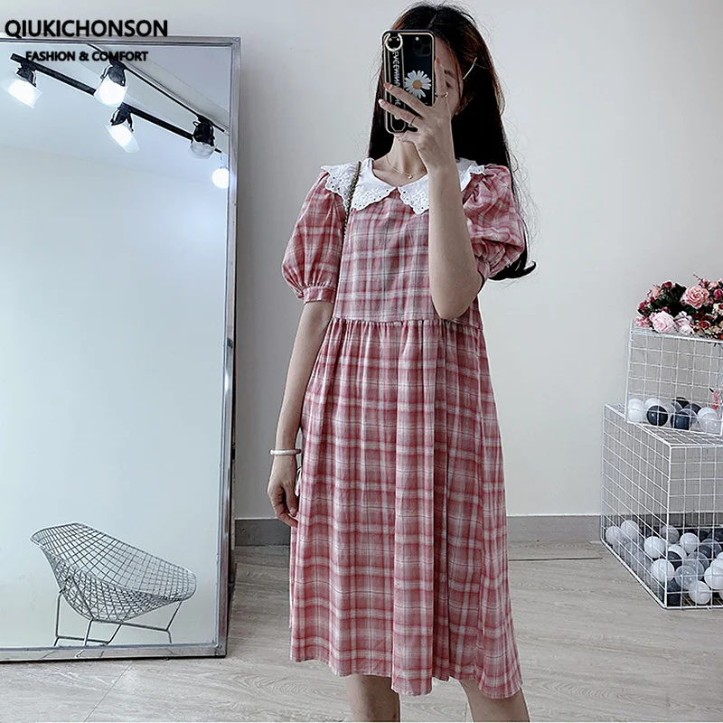Qiukichonson 5XL плюс Размеры Для женщин платье в клетку 2019 летние оборками воротник
