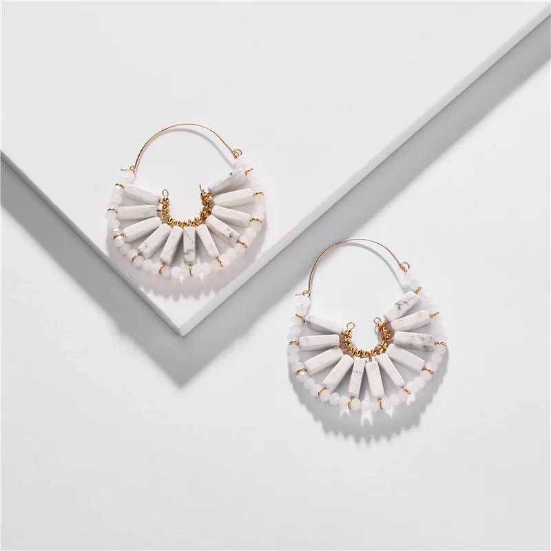 White BOHO Эффектные серьги Bijoux модные ювелирные изделия ручной работы в богемном стиле из натурального камня стеклянные большие круглые серьги для женщин - Окраска металла: White