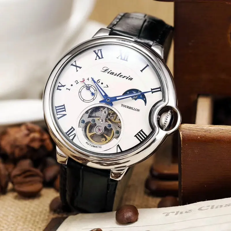 Модные 46 мм большой циферблат Для мужчин s Автоматический Tourbillon механические часы 24 часа солнце и луна циферблат спортивные Для мужчин наручные светящиеся стрелки