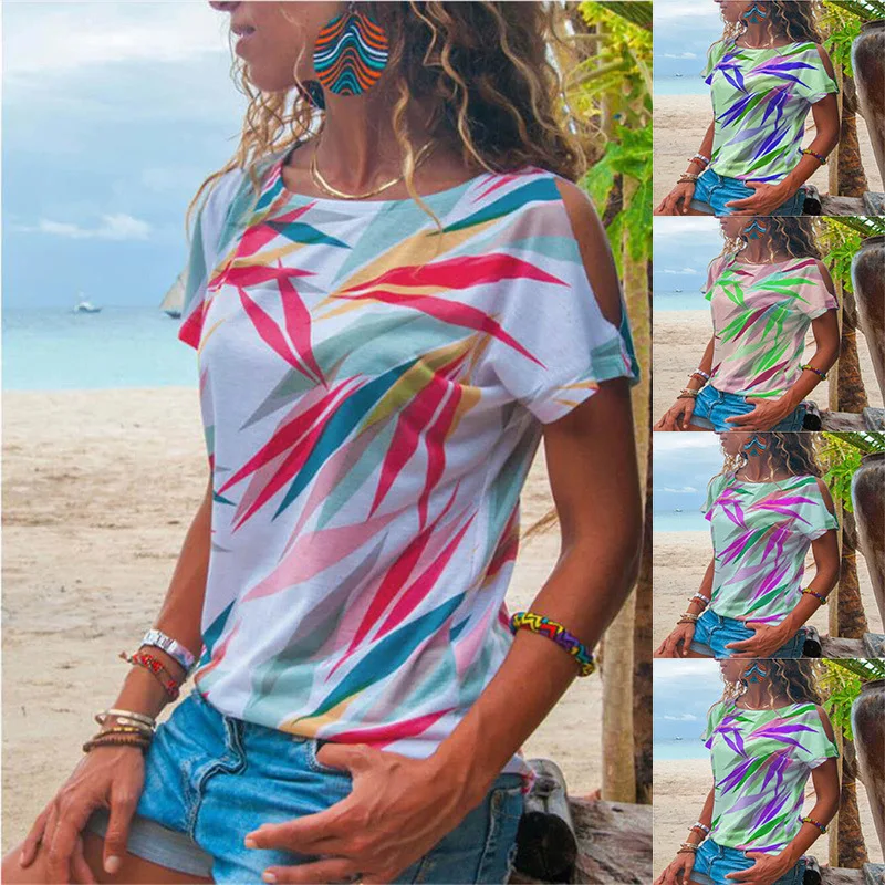 Sexy Off Shoulder Fashion Women Summer T-shirts Short Sleeve Leaves Print Tee Shirt Plus Size Boho Tops Thin S-3XL | Женская одежда
