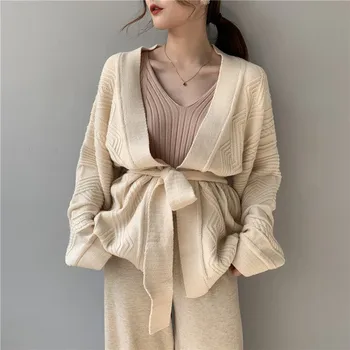 

Mid-long Cardigan Women 2020 New Autumn and Winter Casual Long Sleeve Waist Tie Warm Outwear Knitted Sweater Coat Female NS808