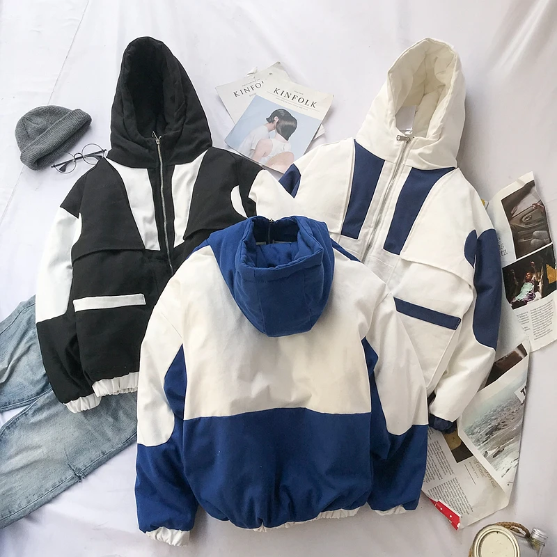 Winter New Coat Men's Warm Thick Fashion Parka Men Cross Color Cotton Hooded Coat Man Wild Loose Tooling Jacket Male Clothes