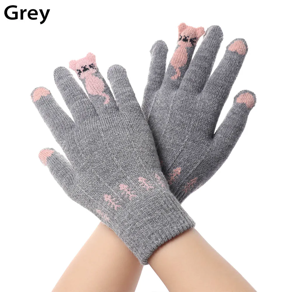 grey Модные зимние теплые вязаные перчатки с милыми котами из мультфильмов, перчатки с сенсорным экраном, плотные теплые мягкие стрейч-перчатки, сохраняющие тепло - Цвет: grey