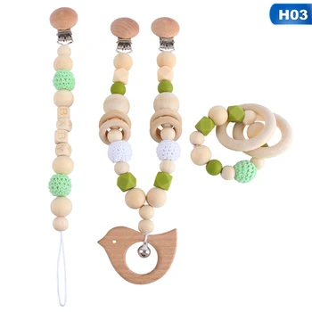

Newborn Baby Pacifier Chain Clip Teether Toys Set Silicone Bead Pacifier Chain Chewing Wooden Soother Clip Stroller Rattle Toys