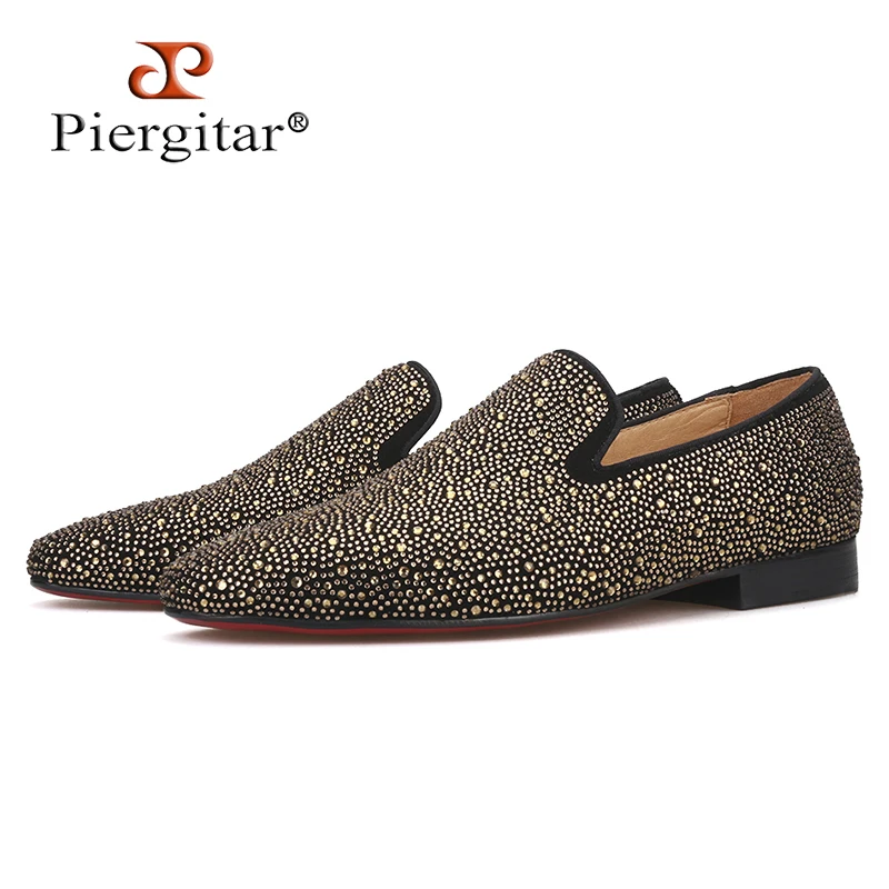 Piergitar Handmade genuine Leather Men Loafers with Gold Rhinestone Fashion Party and Banquet men's casual shoes plus size