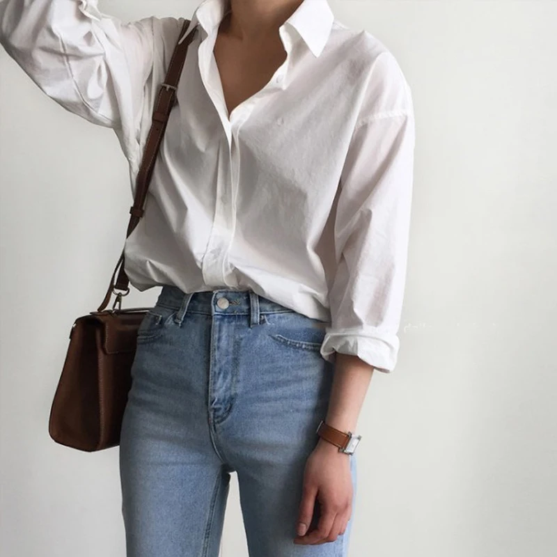  BGTEEVER Office Ladies White Shirts Blouses Spring Simple Turn-down Collar Single-breasted Long Sle