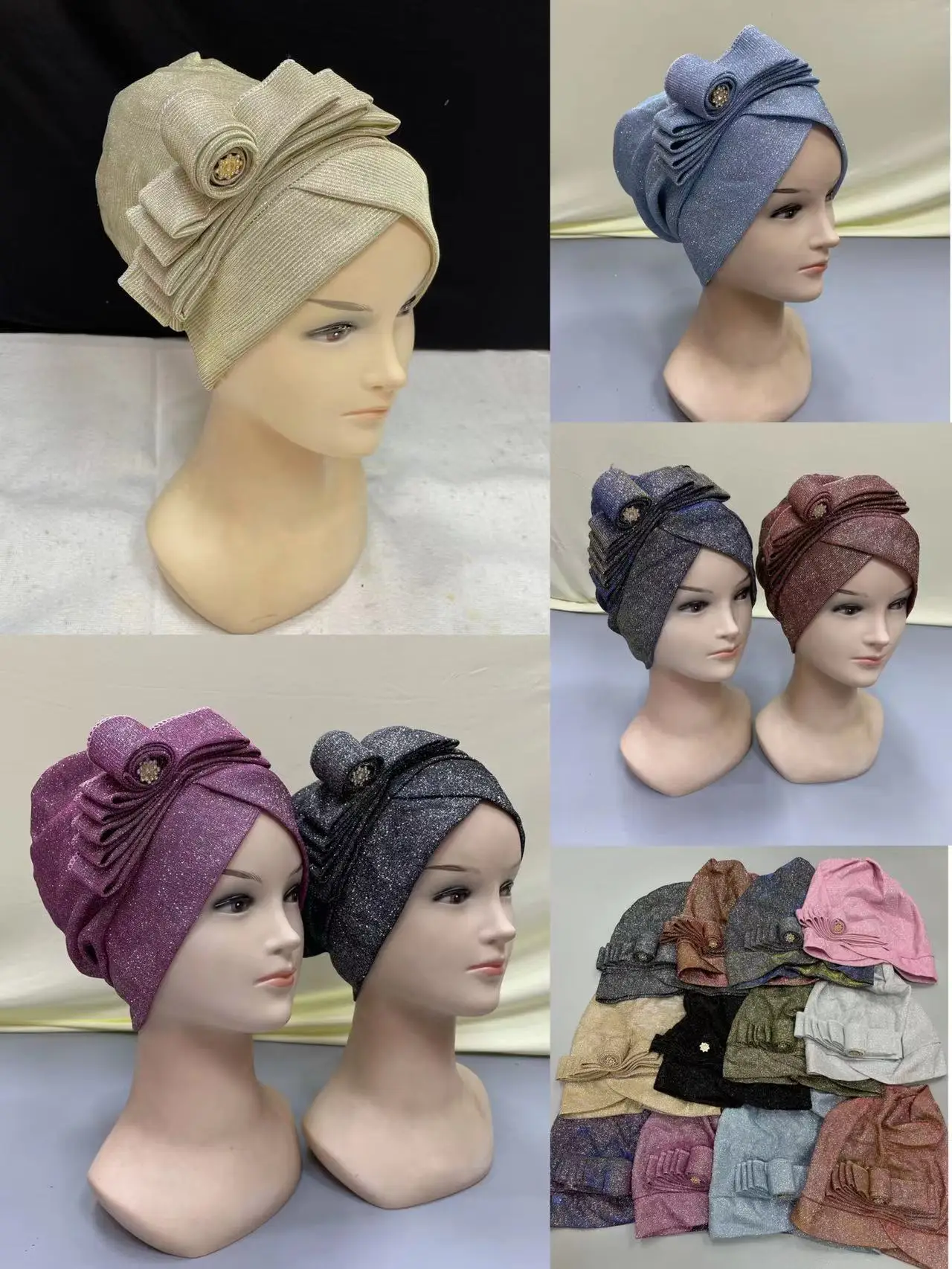 

Latest Turban Hat Auto Gele Headtie Already Handmade African Cap Nigerian Wedding Women Braid Turban Muslim Hat 12 Pcs/Pack