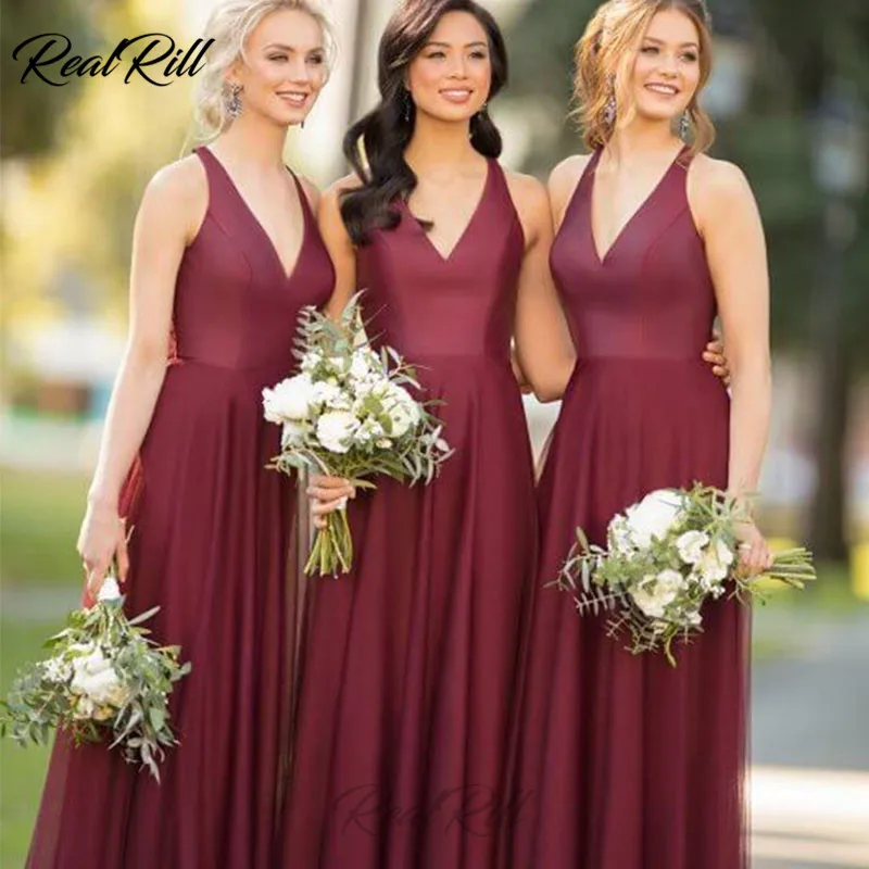 

Real Rill Deep V Neck Halter Bridesmaid Dresses Chiffon A Line Long Wedding Guest Dress For Wedding Party