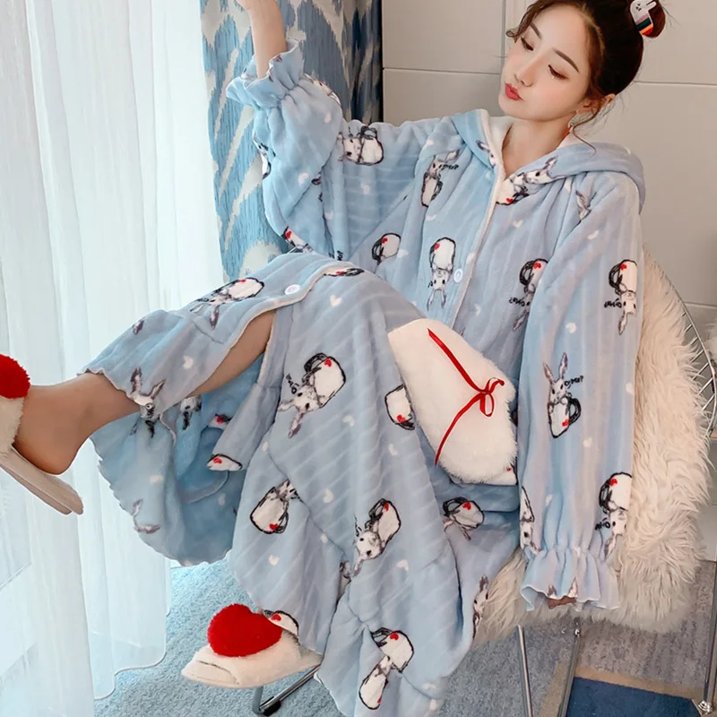 

881 # Cup. Sub. Rabbit YD Cardigan High Quality Long Sleeve Sweet Hooded Nightgown plus Velvet Homewear Set