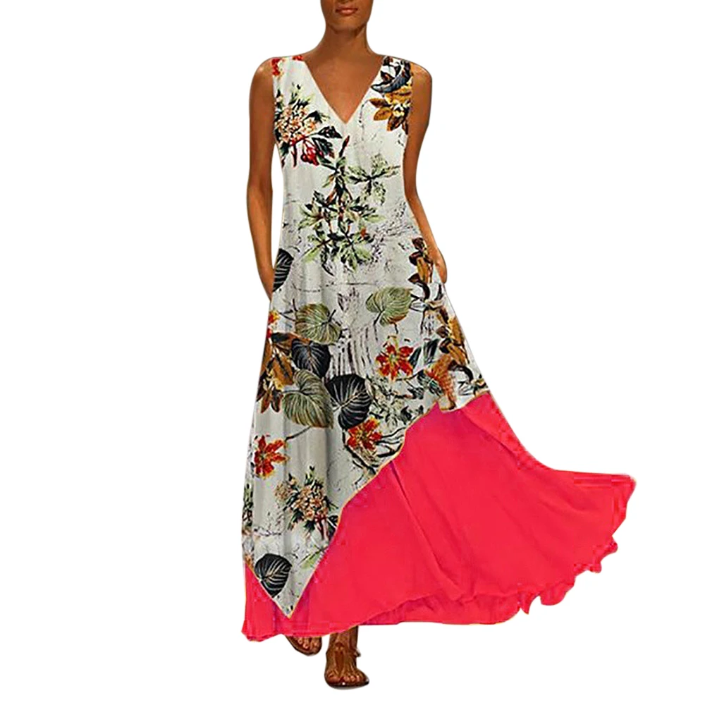 

LOOZYKIT Women Vintage V Neck Dresses Splicing Print Sleeveless Long Maxi Dress Linen Summer Dress Women Vestidos Plus Size 5XL