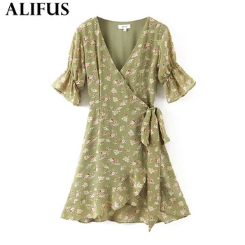 

Fashion Za Women Dress 2020 Vintage Print Chic V Collar Ruffles Sleeve Casual Mini Dresses Female Ladies Vestidos