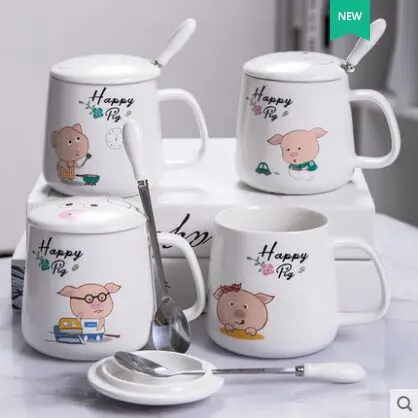350ML cute pig ceramic mugs breakfast milk cup with lid spoon gift coffee mug handle creative cups | Дом и сад