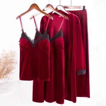 

Gold Velvet 4 Pieces Night Robe Sets Bathrobe + Night Dress Women Warm Winter Lace long sleeve Sleeveless Sleepwear Nightwear pj
