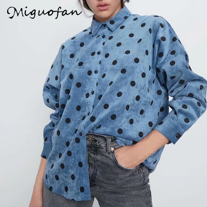 Miguofan, женская блузка в горошек, рубашки, Вельветовая, негабаритная, синяя блузка, на пуговицах, рубашка с длинным рукавом, женские повседневные свободные топы, блузы