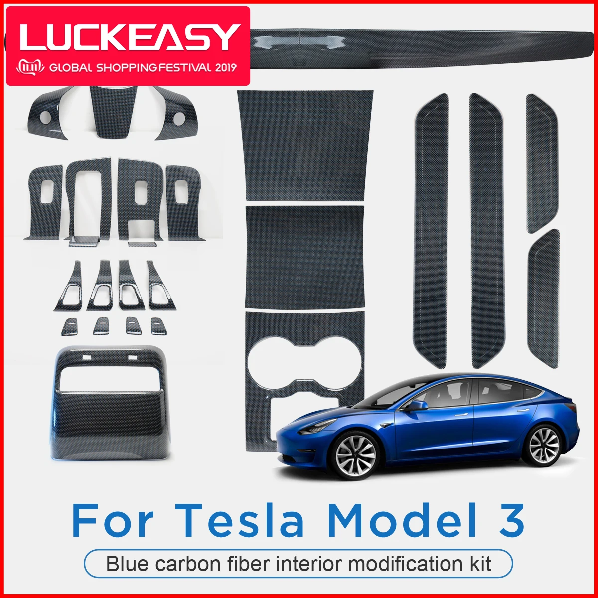 LUCKEASY For Tesla Model 3 window button / center control / door lock switch complete interior patch (carbon fiber) 27pcs / set