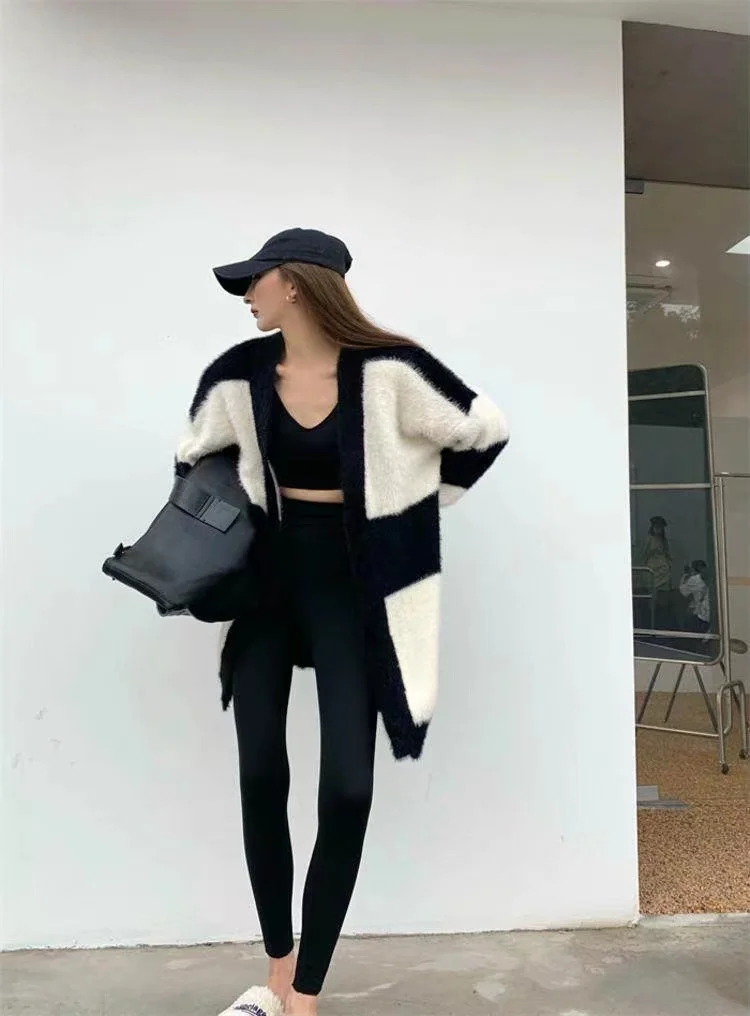 

women's winter coats fashion women sweaters 2021 sweater oversize Black and white striped sweater cardigan vintage sweater