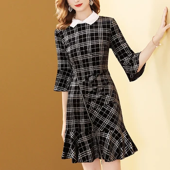 

Gedivoen Vintage Fashion Designer Elegant Mini Dress Women Flare Sleeve Plaid Print Patchwork Ruffles Short Party Dresses