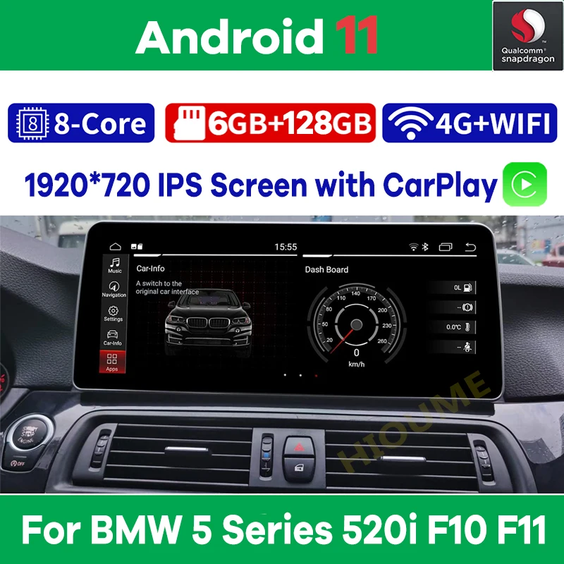 Автомобильный мультимедийный плеер Android 11 Qualcomm 6G 128G GPS-навигация для BMW 5 серии 520i