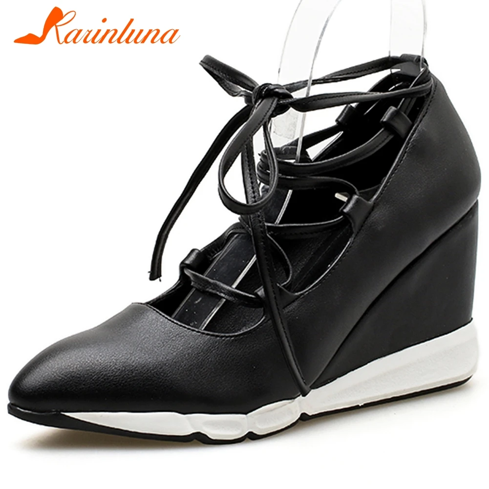 

Karinluna New Design 2020 Dropship Wedges High Heels Concise Pumps Woman Shoes Lace-Up Platform Black Shoes Women Pumps