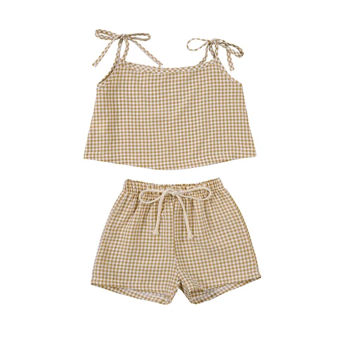 Baby Girls Summer Outfits, Sleeveless Bow Tie Strap Plaid Print Camisole + Shorts Set