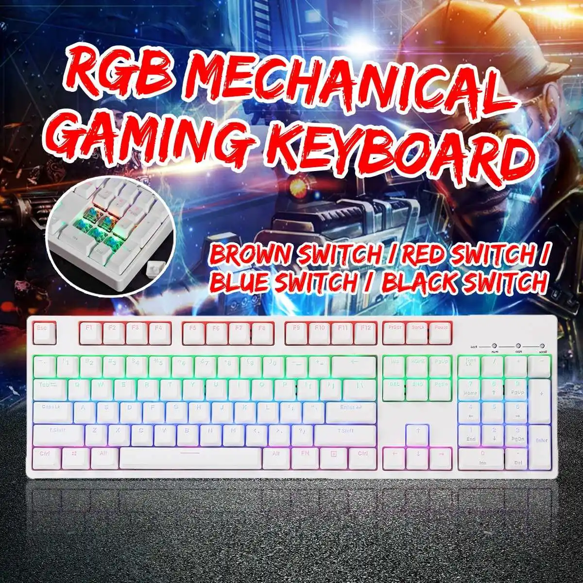 

White 104 Key NKRO USB Wired RGB Backlit Gateron Switch PBT Double Shot Keycaps Mechanical Gaming Keyboard