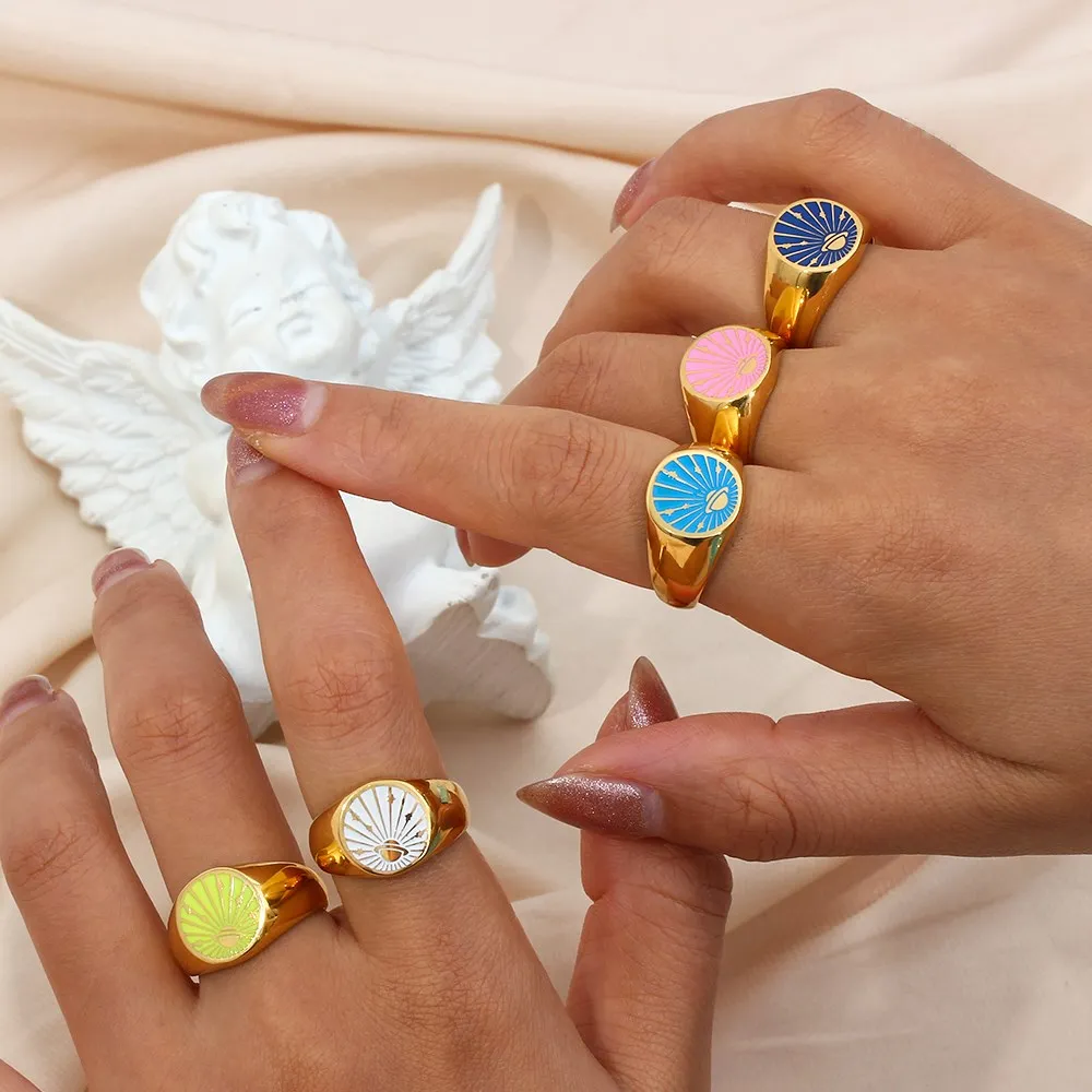 

Lovey Fantastic Y2K Jewelry Pink Blue Yellow Univers Planet Pattern Enamel Ring Chunky Stainless Steel Waterproof Bague Mujer