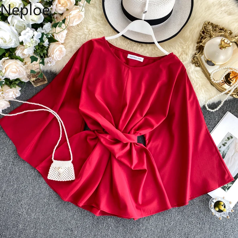 

Neploe Ins Slim Waist Lace Up Blouse O Neck Flare Long Sleeve Solid Blusas Autumn Spring 2020 New Slim Fit Pullover Beach Shirt