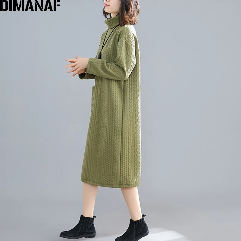 DIMANAF женское платье большого размера зимнее хлопковое плотное Водолазка с длинным рукавом Свободные женские платья жаккардовое одноцветное базовое платье