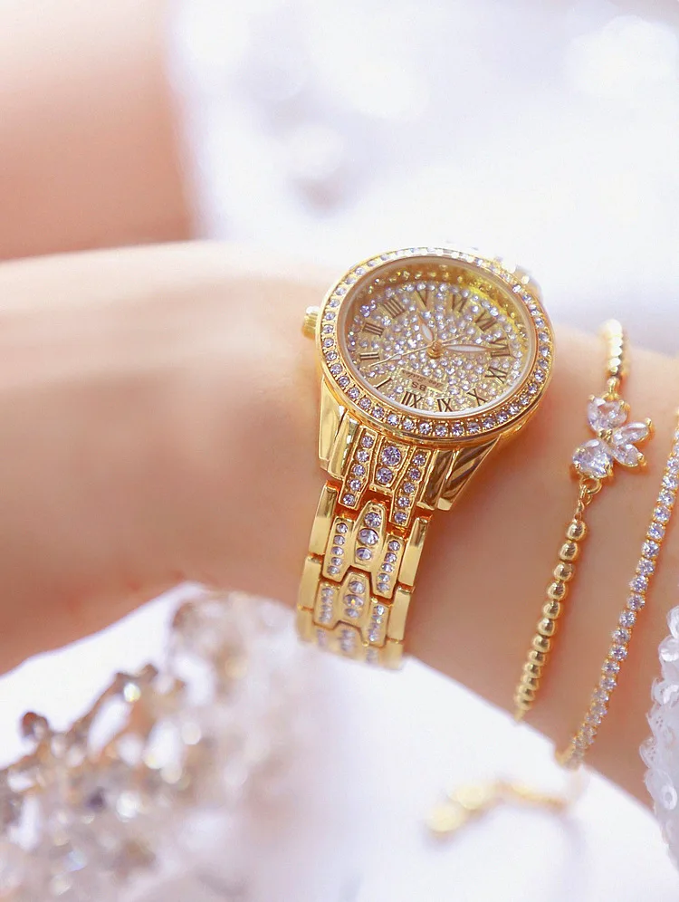 de prata de strass, relógio de pulso, aço inoxidável, joias de luxo
